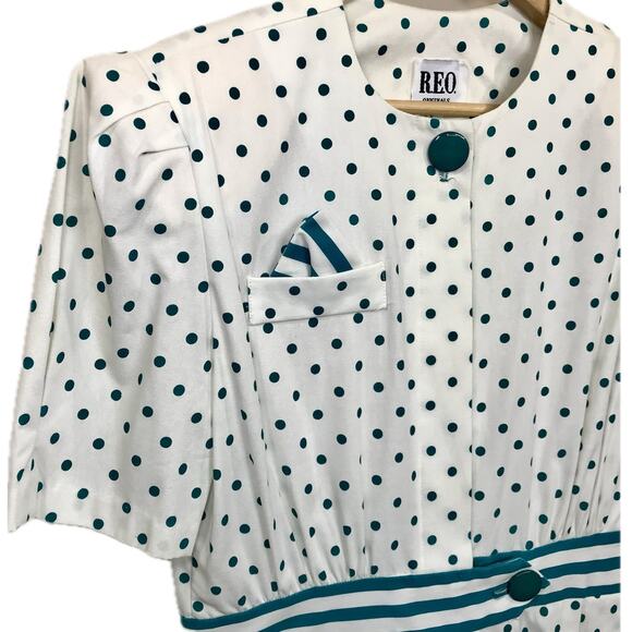 REO Originals Vintage 80s Preppy Short Sleeve Pleated Green Polka Dot Dress 12 - Picture 1 of 14